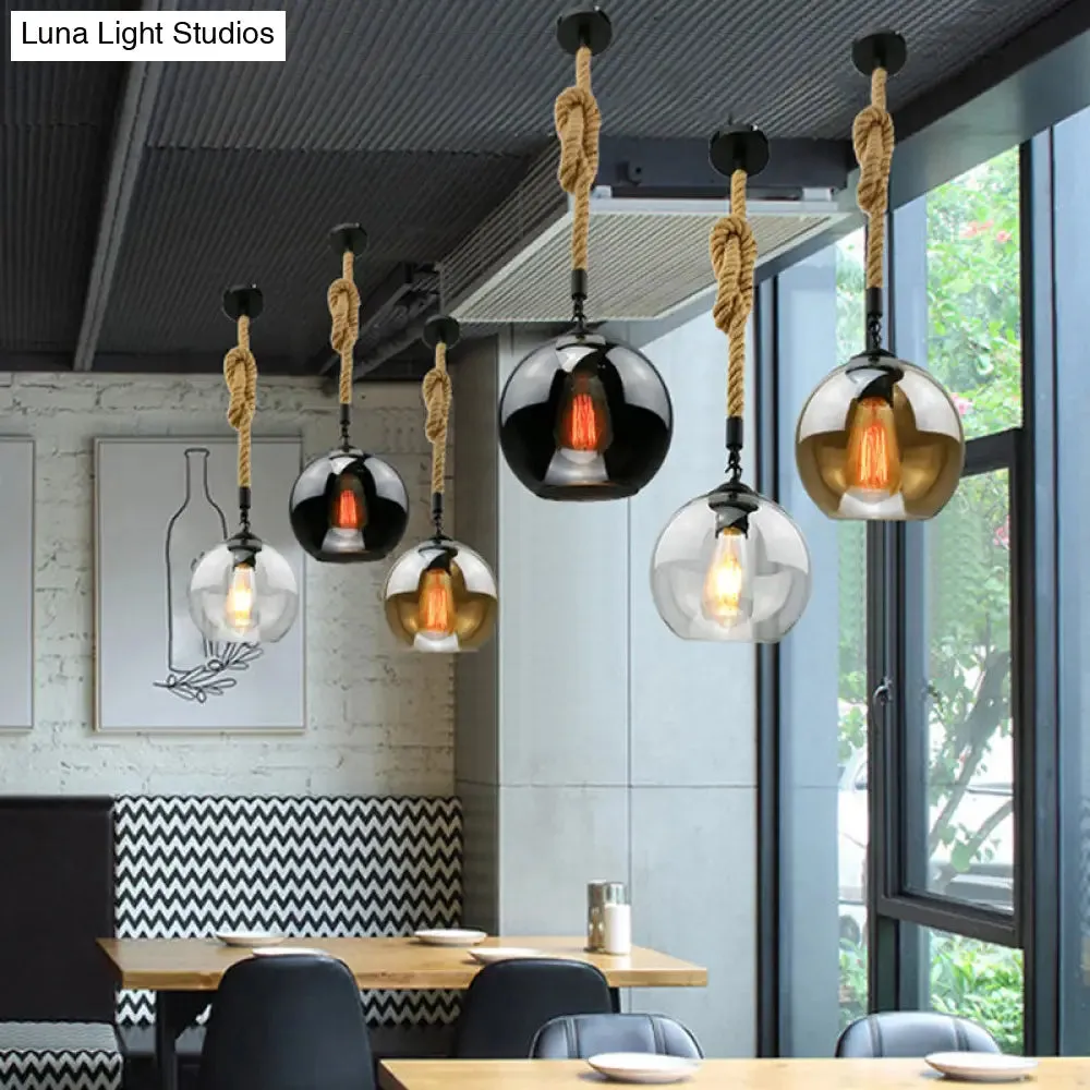 Industrial Hemp Rope Pendant Light with Rustic Globe Glass Shade for Kitchen, Restaurant and Foyer