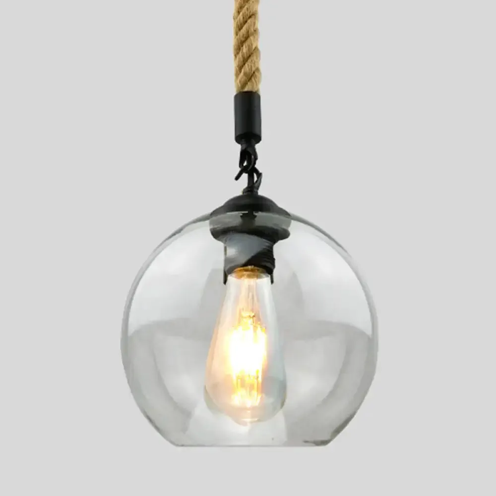 Industrial Hemp Rope Pendant Light with Rustic Globe Glass Shade for Kitchen, Restaurant and Foyer