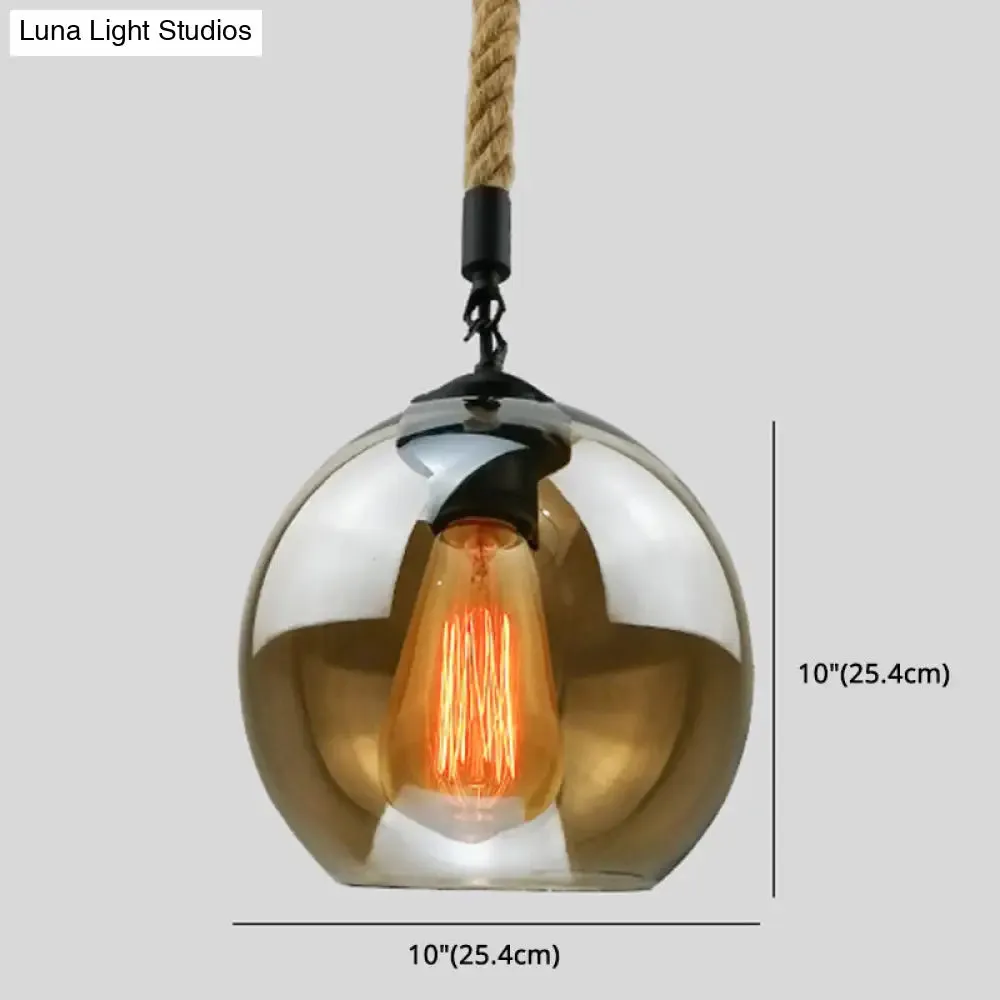 Industrial Hemp Rope Pendant Light with Rustic Globe Glass Shade for Kitchen, Restaurant and Foyer