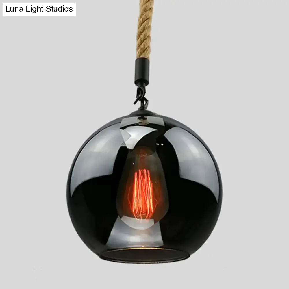 Industrial Hemp Rope Pendant Light with Rustic Globe Glass Shade for Kitchen, Restaurant and Foyer