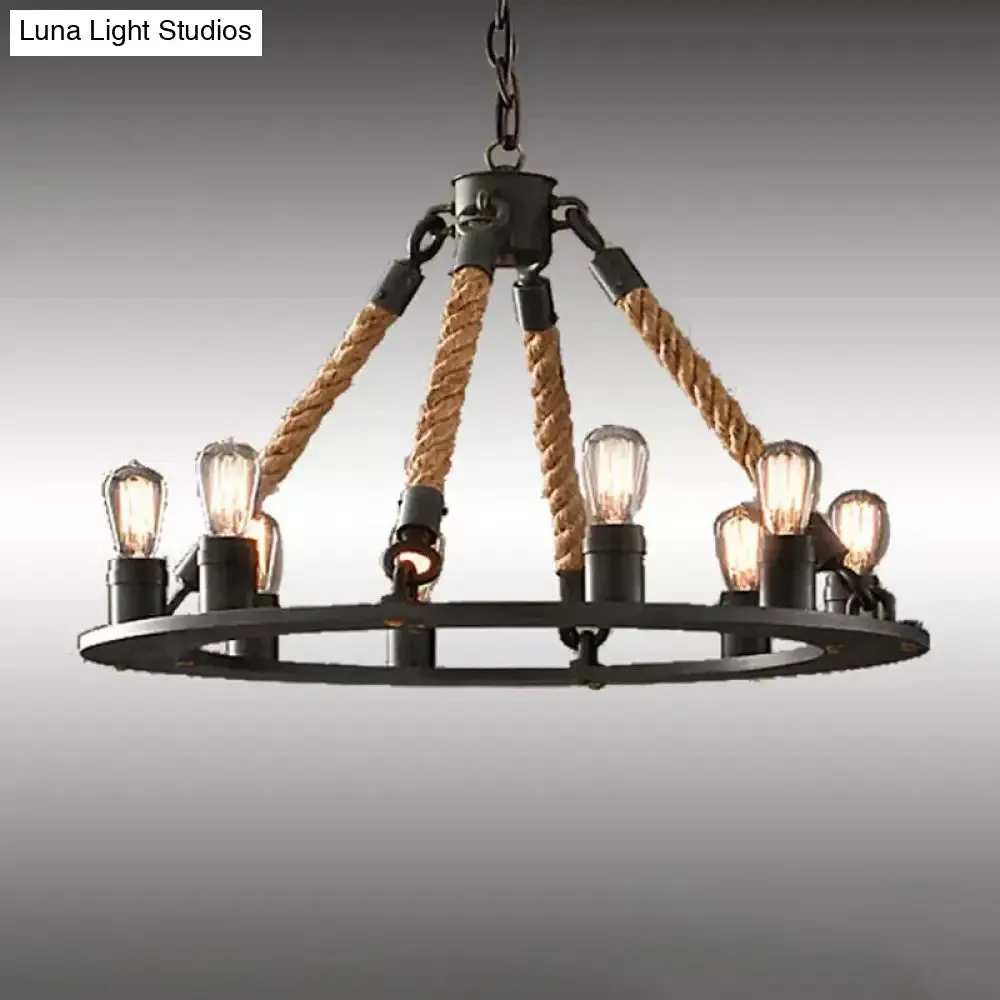 Industrial Hemp Rope Wagon Wheel Chandelier with 6/8 Black Pendant Lights for Living Room Ceiling