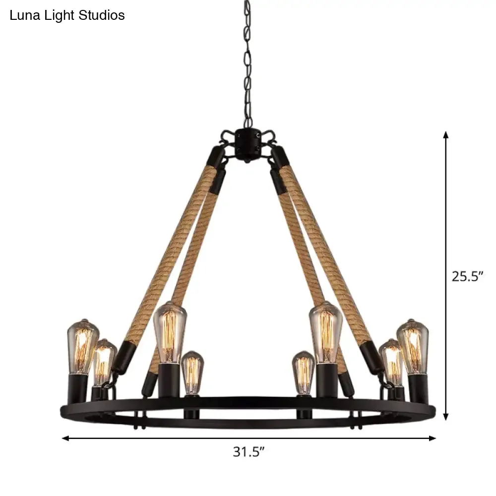 Industrial Hemp Rope Wagon Wheel Chandelier with 6/8 Black Pendant Lights for Living Room Ceiling