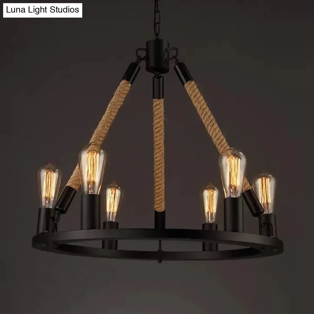 Industrial Hemp Rope Wagon Wheel Chandelier with 6/8 Black Pendant Lights for Living Room Ceiling