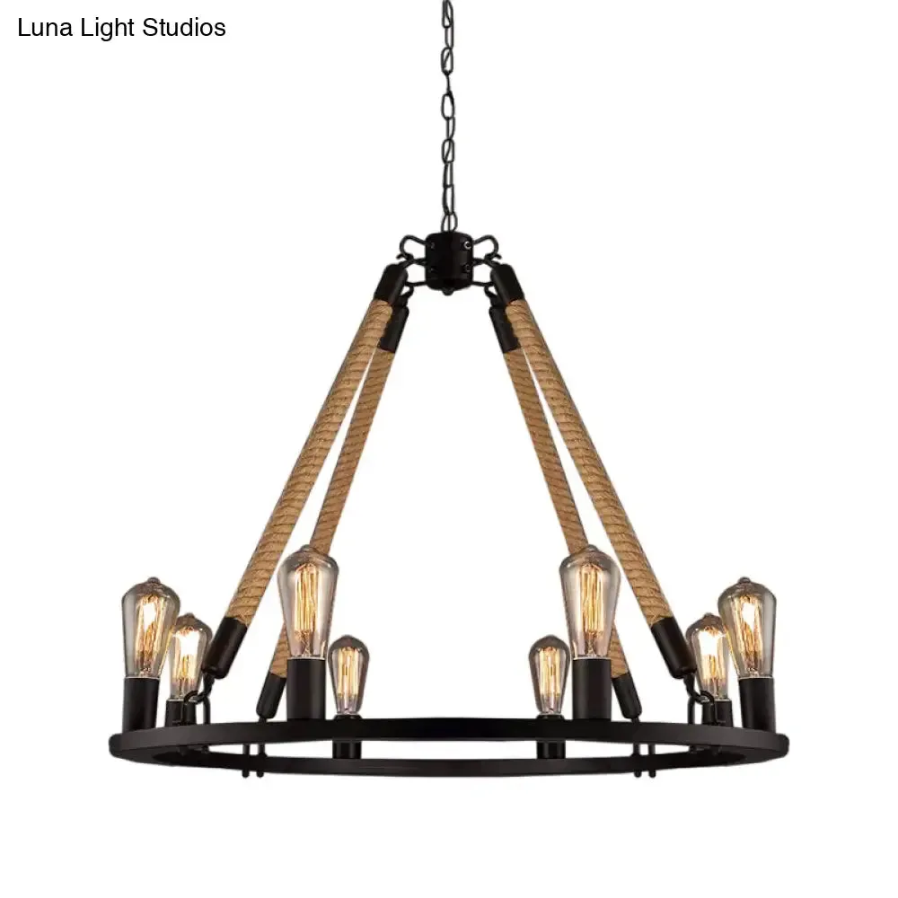 Industrial Hemp Rope Wagon Wheel Chandelier with 6/8 Black Pendant Lights for Living Room Ceiling