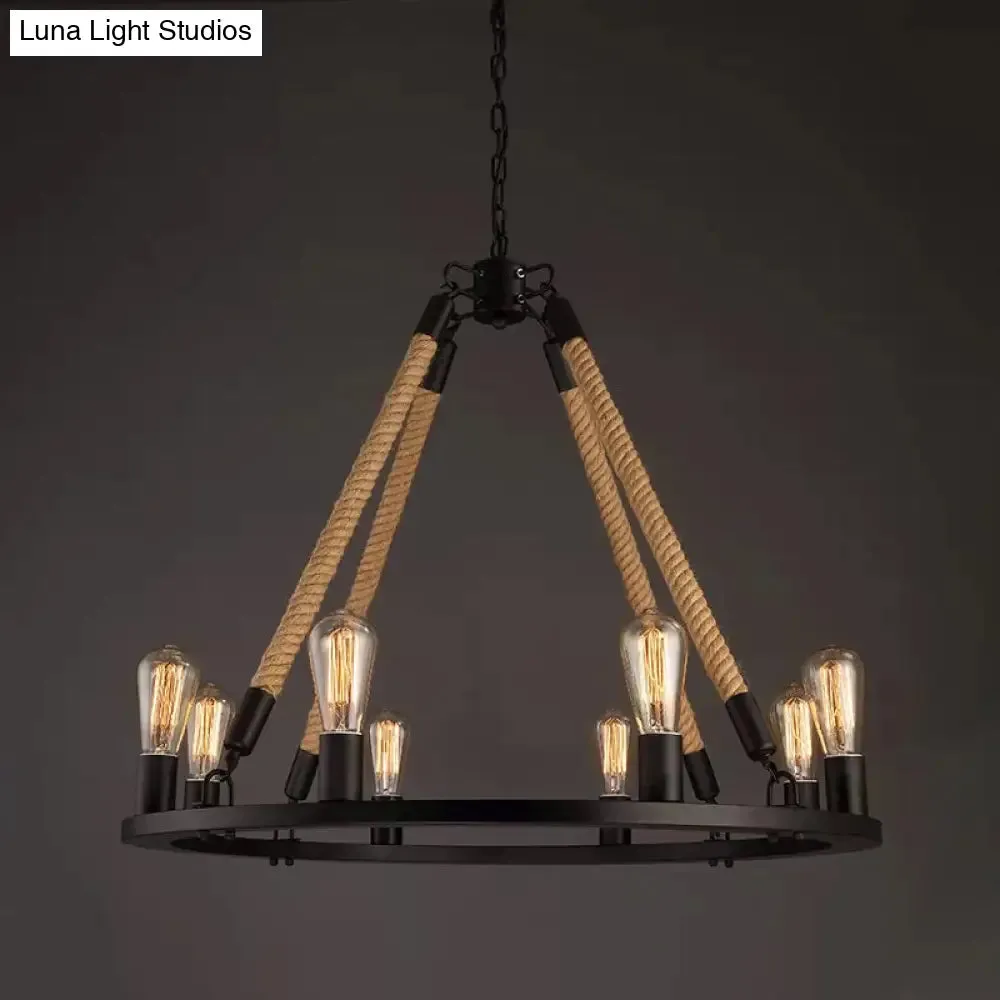 Industrial Hemp Rope Wagon Wheel Chandelier with 6/8 Black Pendant Lights for Living Room Ceiling