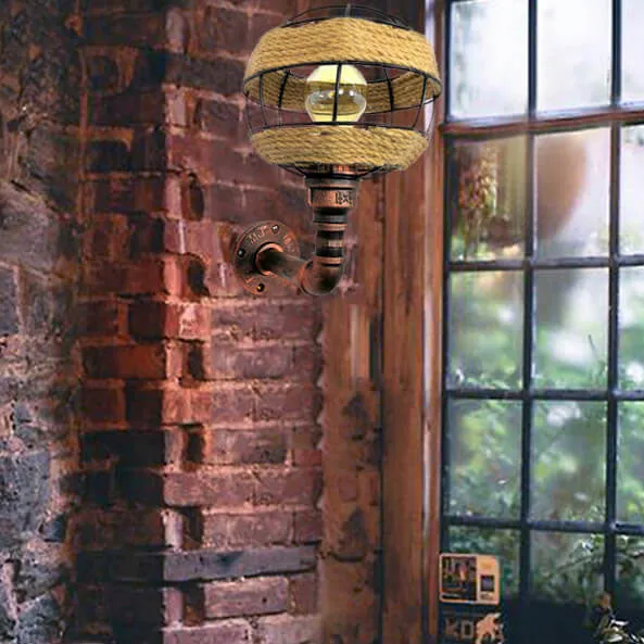 Industrial Hemp Rope Weaving Iron Sphere 1-Light Wall Sconce Lamp