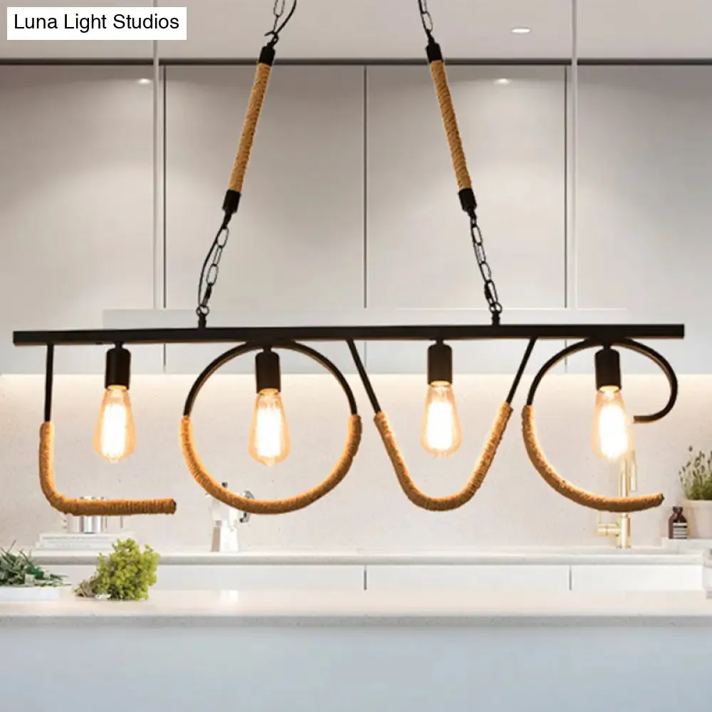 Industrial Metal and Rope Island Lamp with LOVE Design, 4 Bulbs, Beige Finish