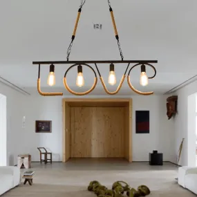 Industrial Metal and Rope Island Lamp with LOVE Design, 4 Bulbs, Beige Finish