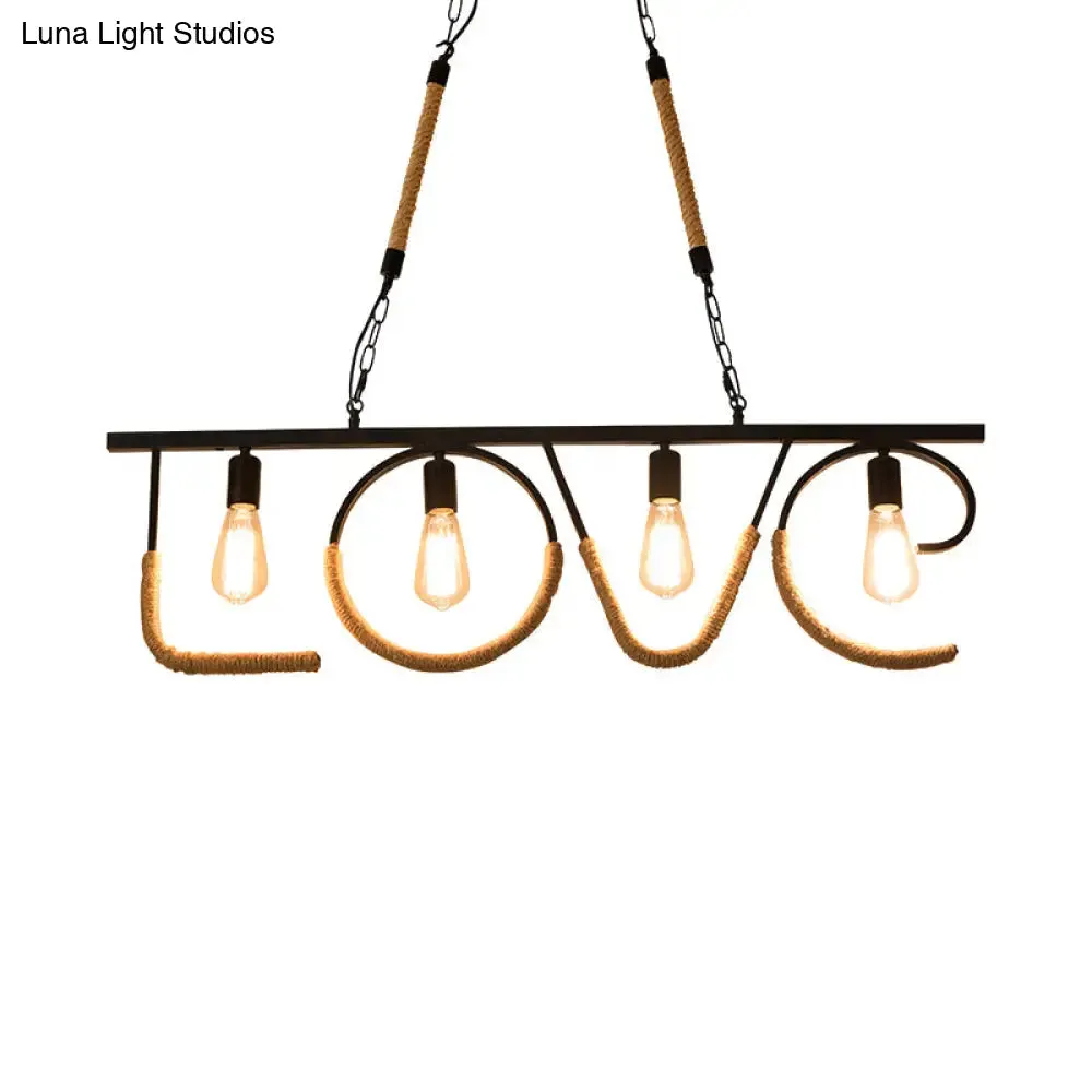 Industrial Metal and Rope Island Lamp with LOVE Design, 4 Bulbs, Beige Finish