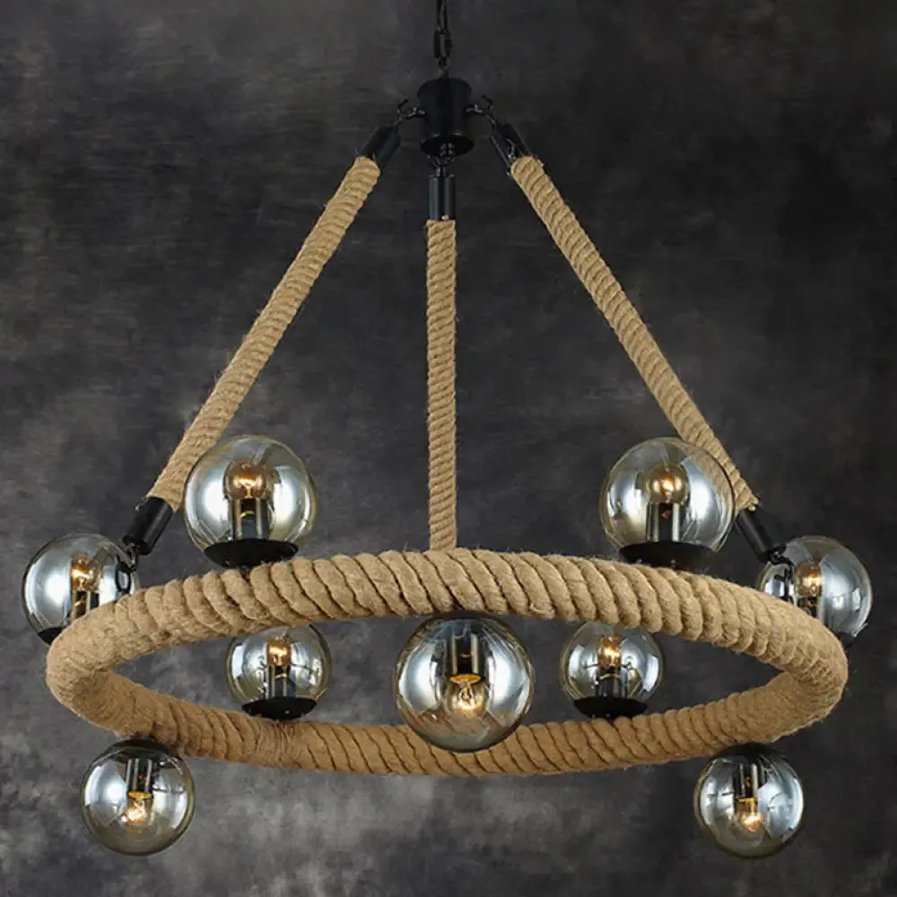 Industrial Rope Chandelier with Glass Shade - Beige 9-Light Fixture for Dining Room