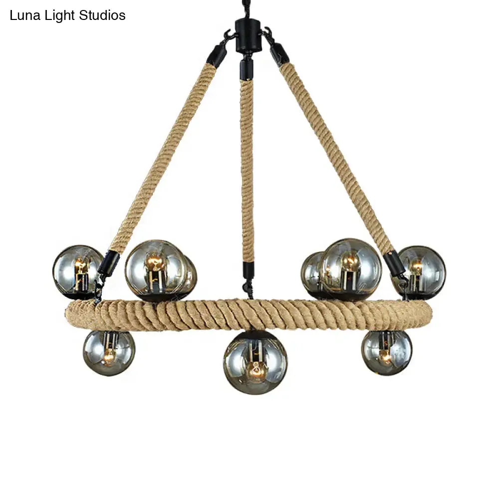 Industrial Rope Chandelier with Glass Shade - Beige 9-Light Fixture for Dining Room