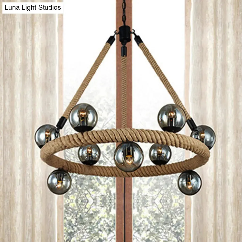 Industrial Rope Chandelier with Glass Shade - Beige 9-Light Fixture for Dining Room