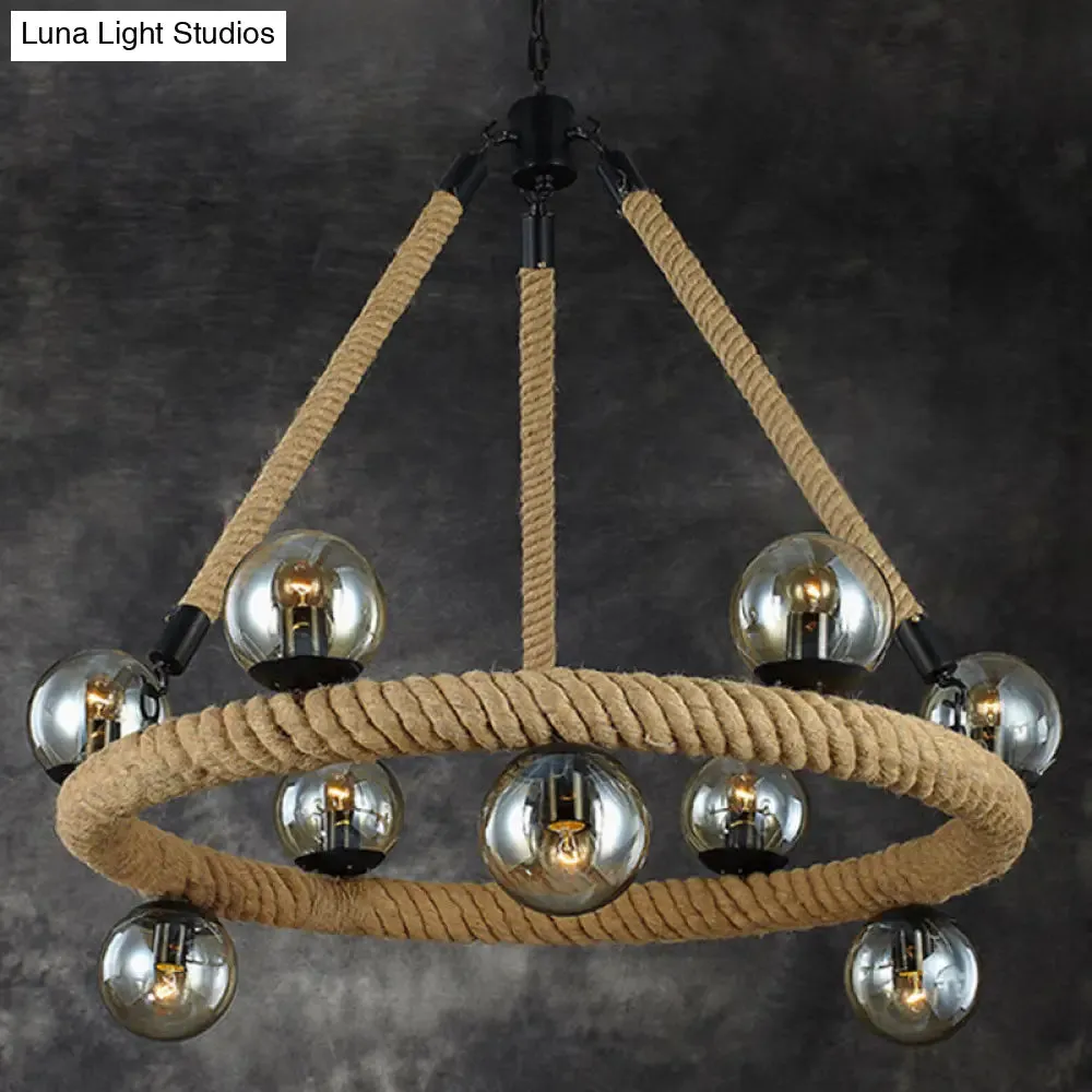 Industrial Rope Chandelier with Glass Shade - Beige 9-Light Fixture for Dining Room