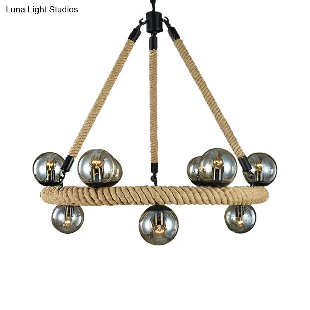 Industrial Rope Chandelier with Glass Shade - Beige 9-Light Fixture for Dining Room