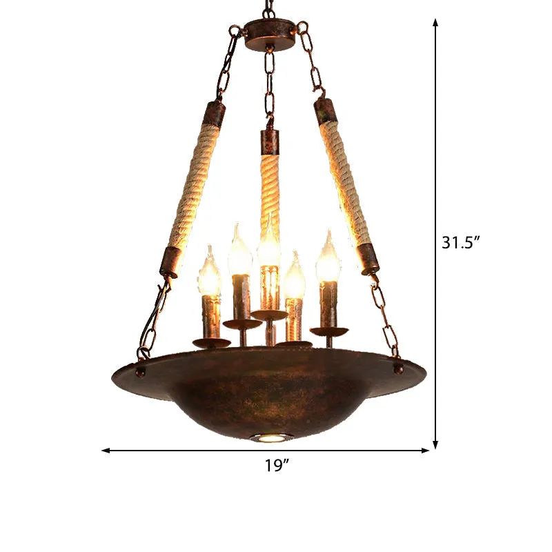 Industrial Rust Chandelier: 5-Light Metal Pendant Fixture for Dining Room with Rope Chain