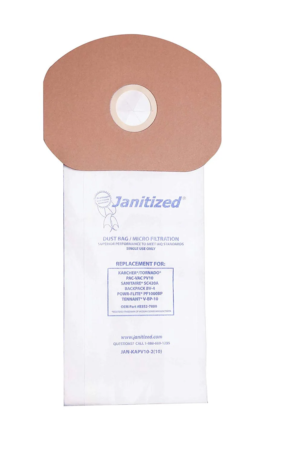 Janitized JAN-KAPV10-2(10) Commercial Vacuum Paper Bag, Karcher/Tornado PV10, Power-Flite PF1000BP, Sanitaire SC420A, Tennant V-BP-10