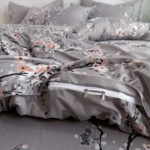 King size 6 piece duvet cover set gray plum blossom bedding set.