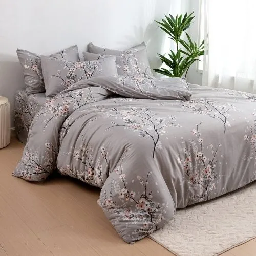 King size 6 piece duvet cover set gray plum blossom bedding set.