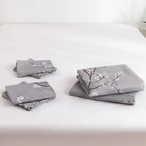 King size 6 piece duvet cover set gray plum blossom bedding set.