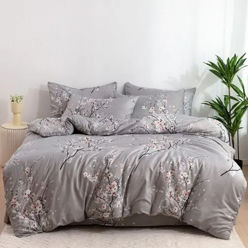 King size 6 piece duvet cover set gray plum blossom bedding set.