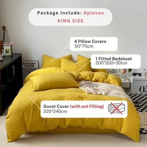 King size 6 Pieces bedding Set, Washable Cotton Yellow Color.