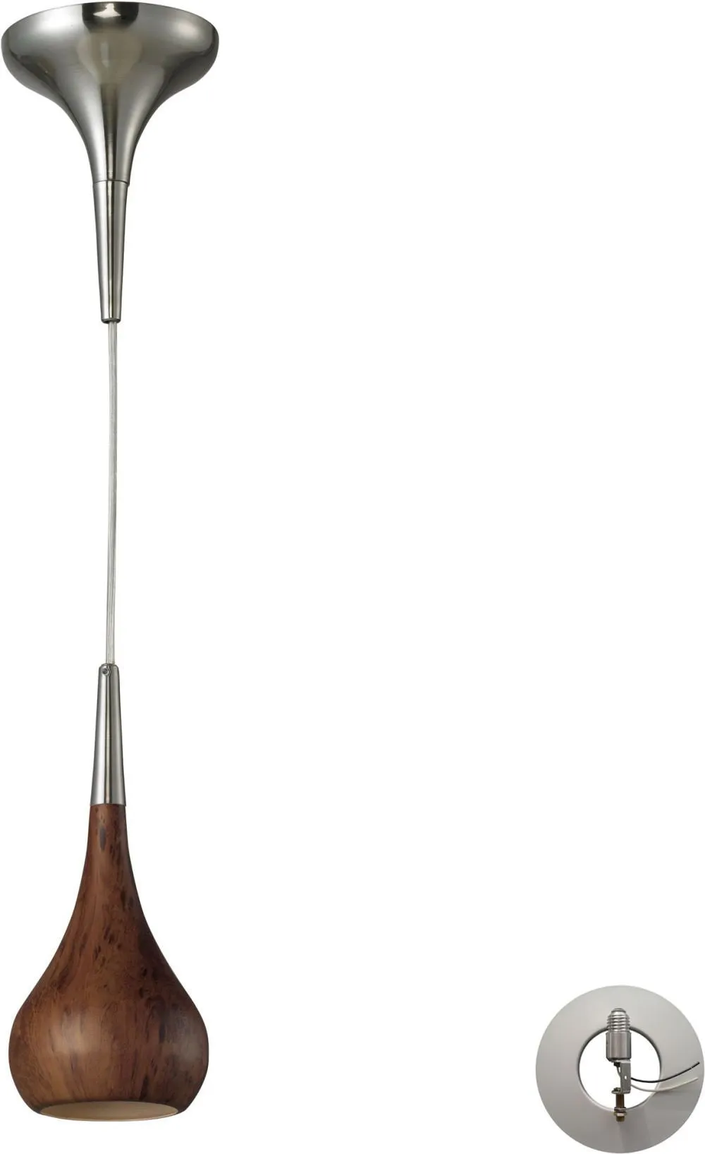 Lindsey 1 Light Pendant In Burl Wood and Satin Nickel - Includes Recessed Lighting Kit