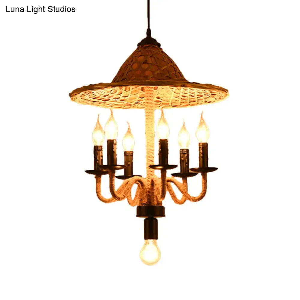 Lodge Jute Rope Ceiling Chandelier with Bamboo-Woven Hat Top - 6/7 Bulbs Brown Hanging Lamp