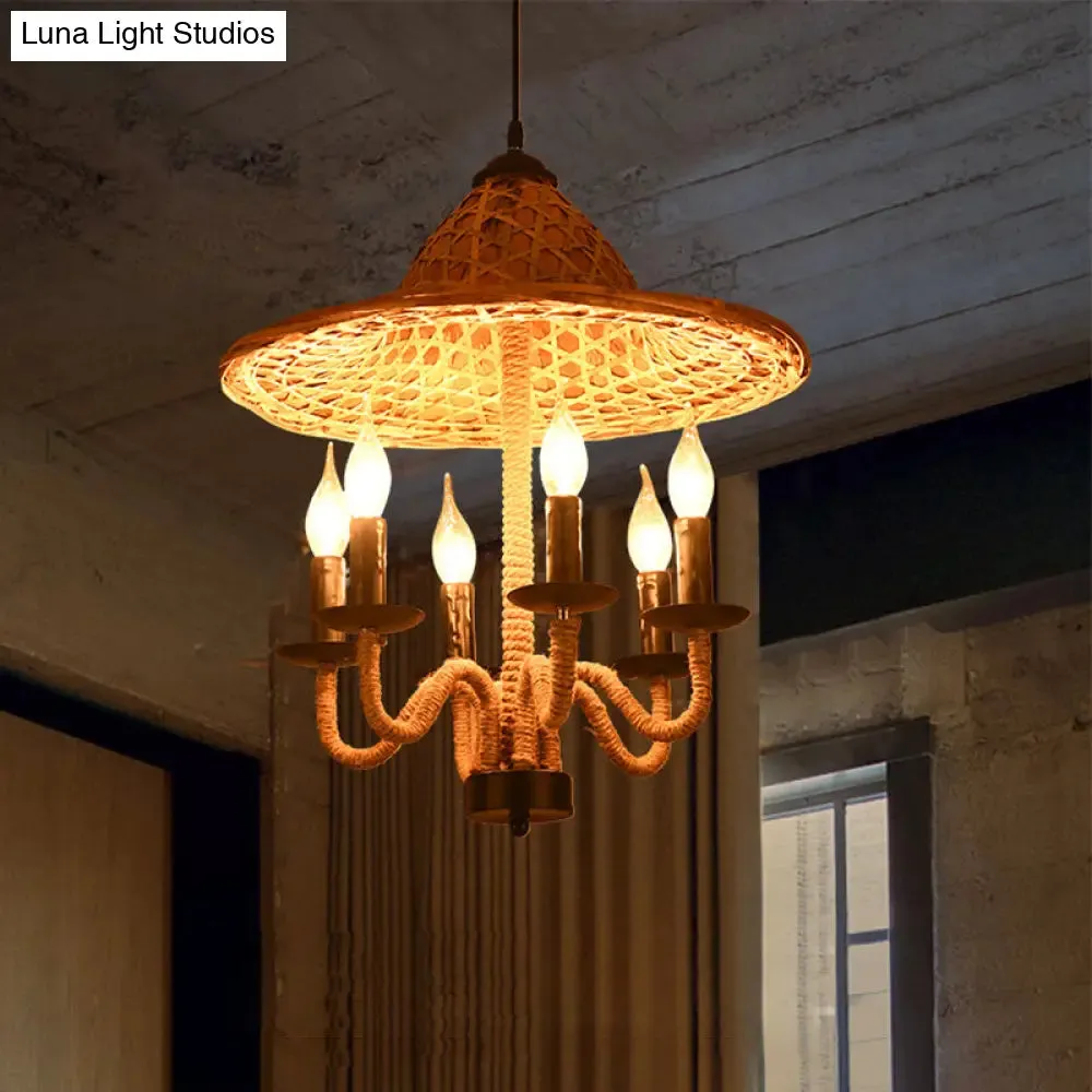 Lodge Jute Rope Ceiling Chandelier with Bamboo-Woven Hat Top - 6/7 Bulbs Brown Hanging Lamp