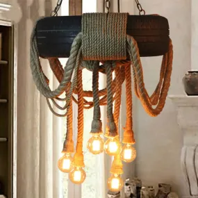 Loft Style Tyre Rope Chandelier with 6 Bare Bulb Pendant Lights