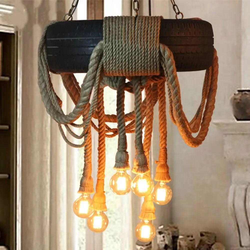 Loft Style Tyre Rope Chandelier with 6 Bare Bulb Pendant Lights