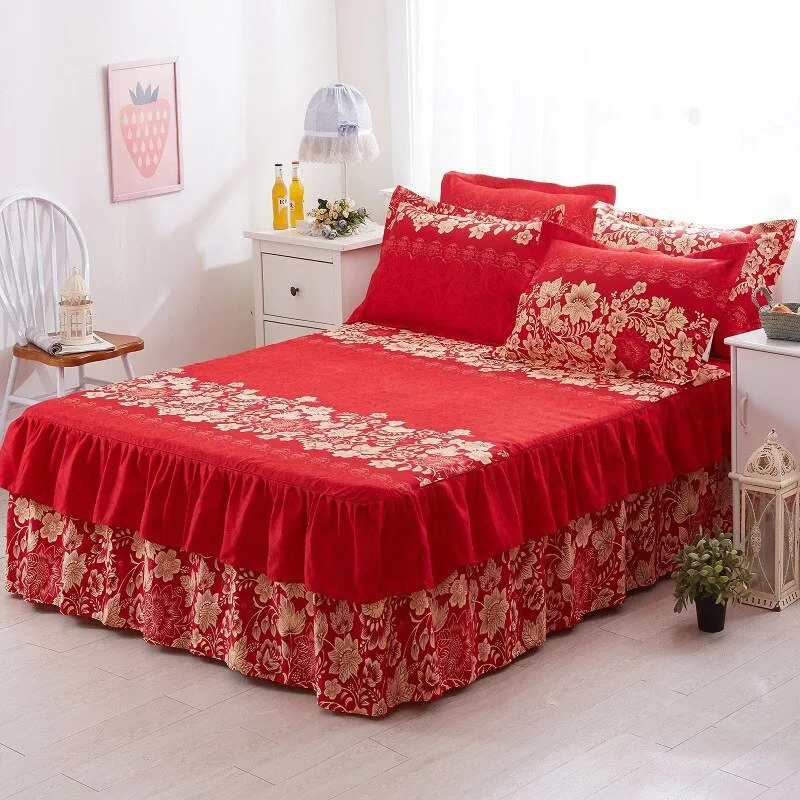 Lotus Leaf Non-slip Bed Skirt with Flowers Bed Sheet