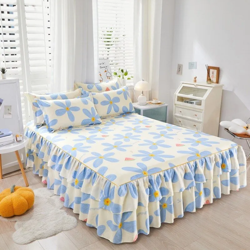 Lotus Leaf Non-slip Bed Skirt with Flowers Bed Sheet