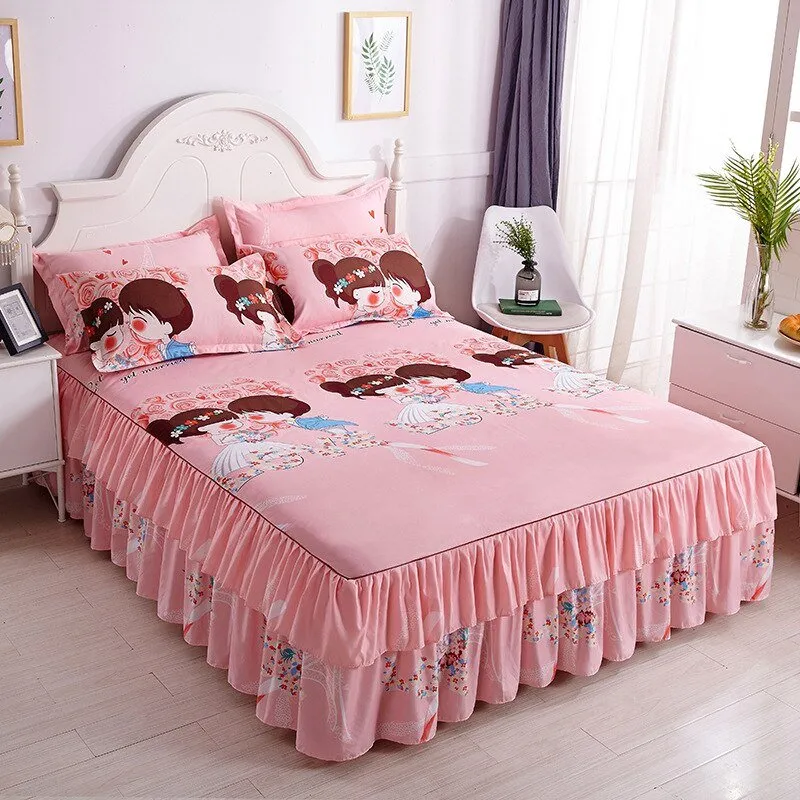 Lotus Leaf Non-slip Bed Skirt with Flowers Bed Sheet