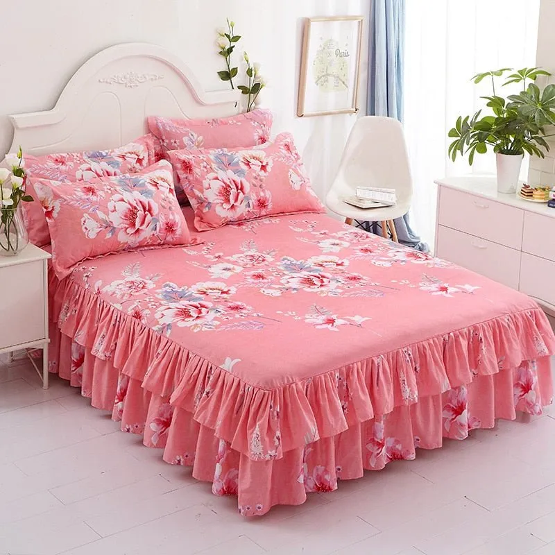 Lotus Leaf Non-slip Bed Skirt with Flowers Bed Sheet