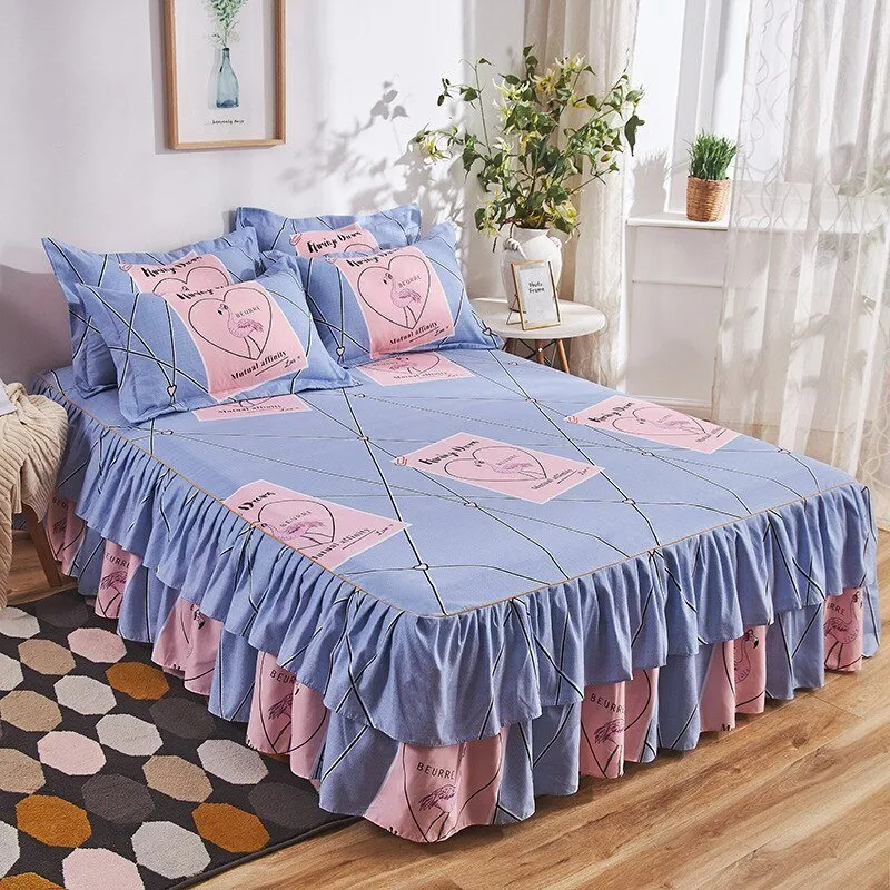 Lotus Leaf Non-slip Bed Skirt with Flowers Bed Sheet