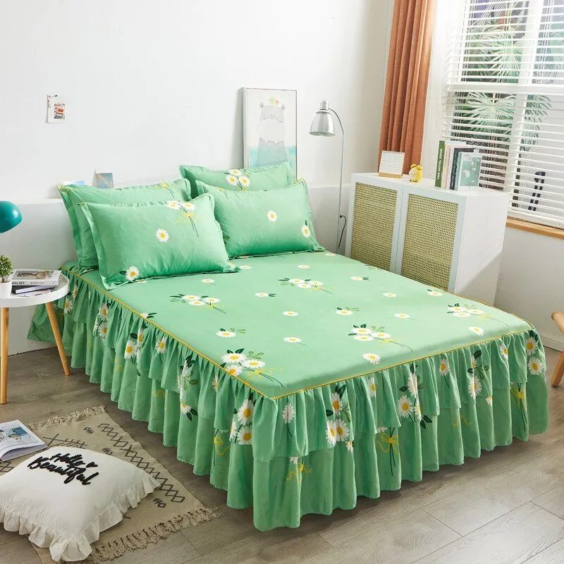 Lotus Leaf Non-slip Bed Skirt with Flowers Bed Sheet