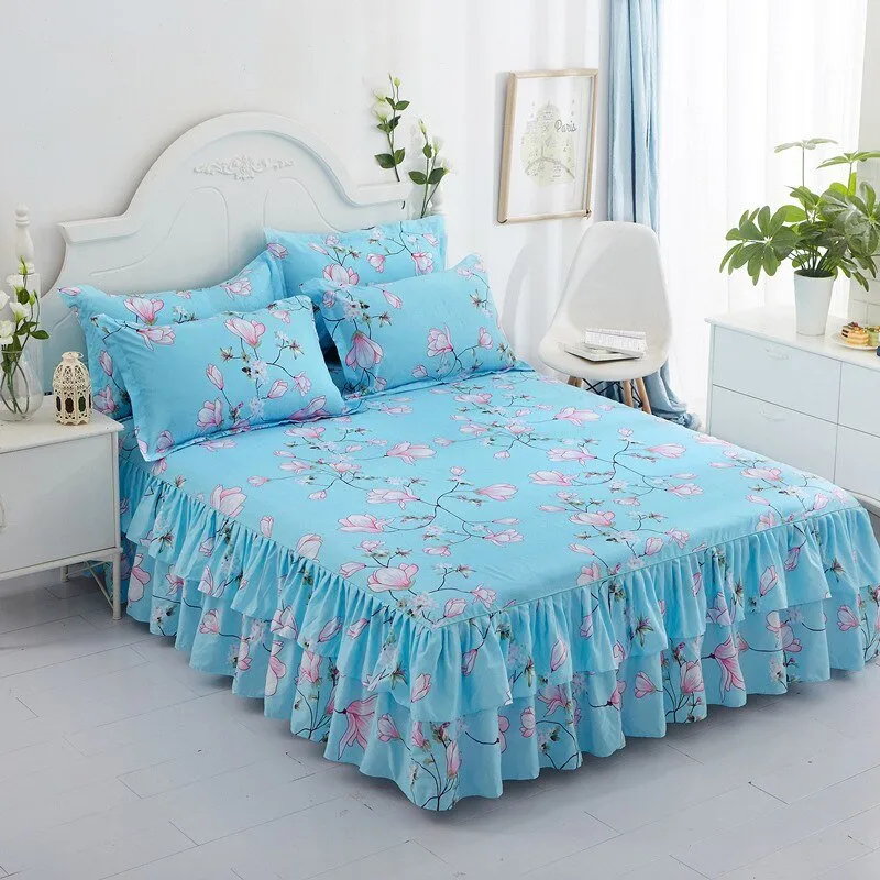 Lotus Leaf Non-slip Bed Skirt with Flowers Bed Sheet