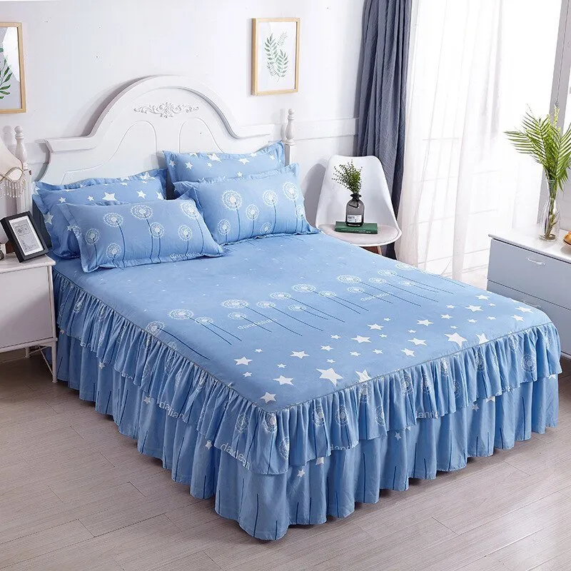 Lotus Leaf Non-slip Bed Skirt with Flowers Bed Sheet