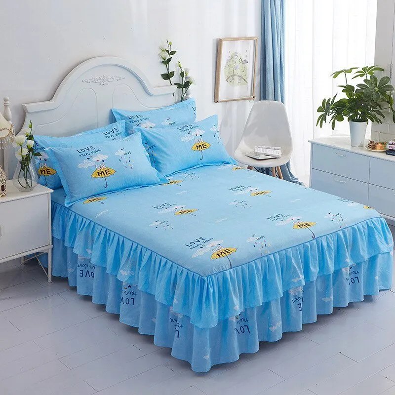 Lotus Leaf Non-slip Bed Skirt with Flowers Bed Sheet