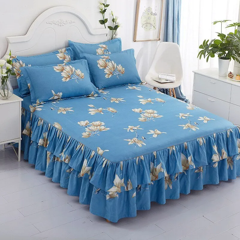 Lotus Leaf Non-slip Bed Skirt with Flowers Bed Sheet