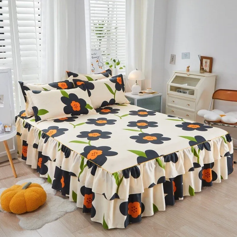 Lotus Leaf Non-slip Bed Skirt with Flowers Bed Sheet