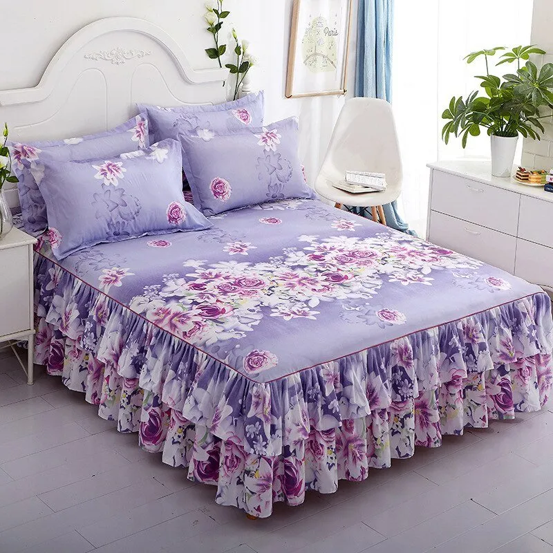 Lotus Leaf Non-slip Bed Skirt with Flowers Bed Sheet