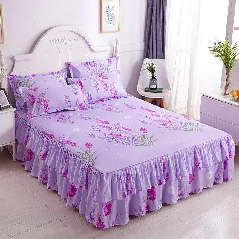 Lotus Leaf Non-slip Bed Skirt with Flowers Bed Sheet