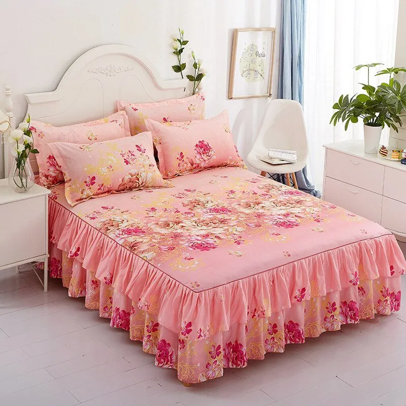 Lotus Leaf Non-slip Bed Skirt with Flowers Bed Sheet