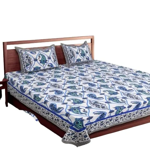 MADAM RUMANA 100% Cotton Bedsheets for Single Bed || Legant Jaipuri Bedsheet with 2 Pillow Cover || Size 70x100 Pillows 18 x 28 Inches (Blue)