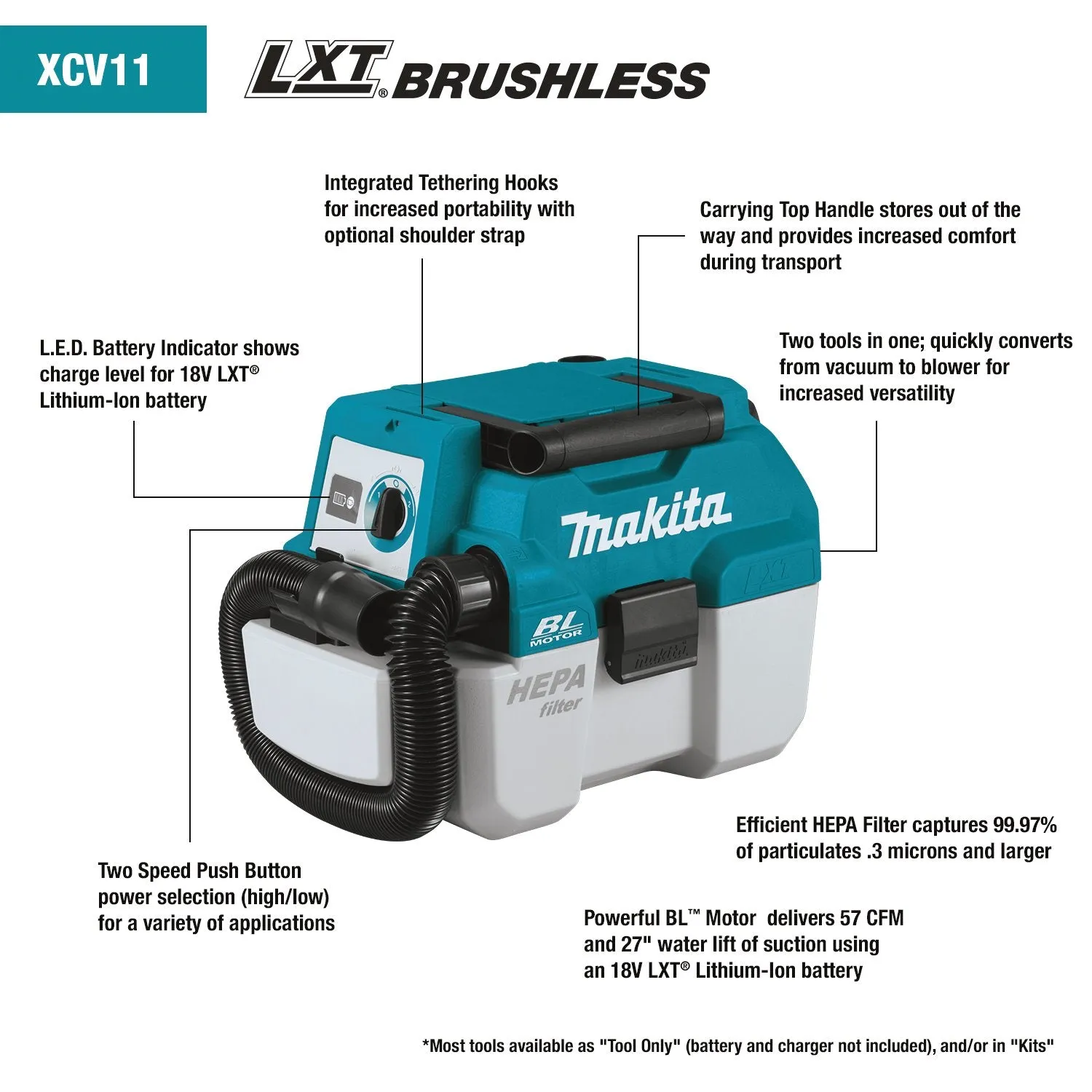 Makita (XCV11Z) 18V LXT® Brushless 2 Gallon HEPA Filter Portable Wet/Dry Dust Extractor/Vacuum (Tool Only)