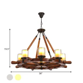 Marble/Clear Glass Brown Chandelier Cylinder 6/8 Lights Traditional Rope Pendant Lamp with Wood Rudder Design