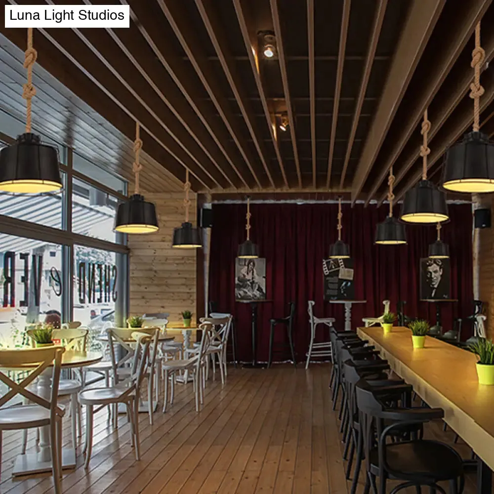 Metallic Tapered Pendant Light - Loft Style - 1 Light - Restaurant Ceiling Fixture - Black, with Wire Frame & Rope Cord