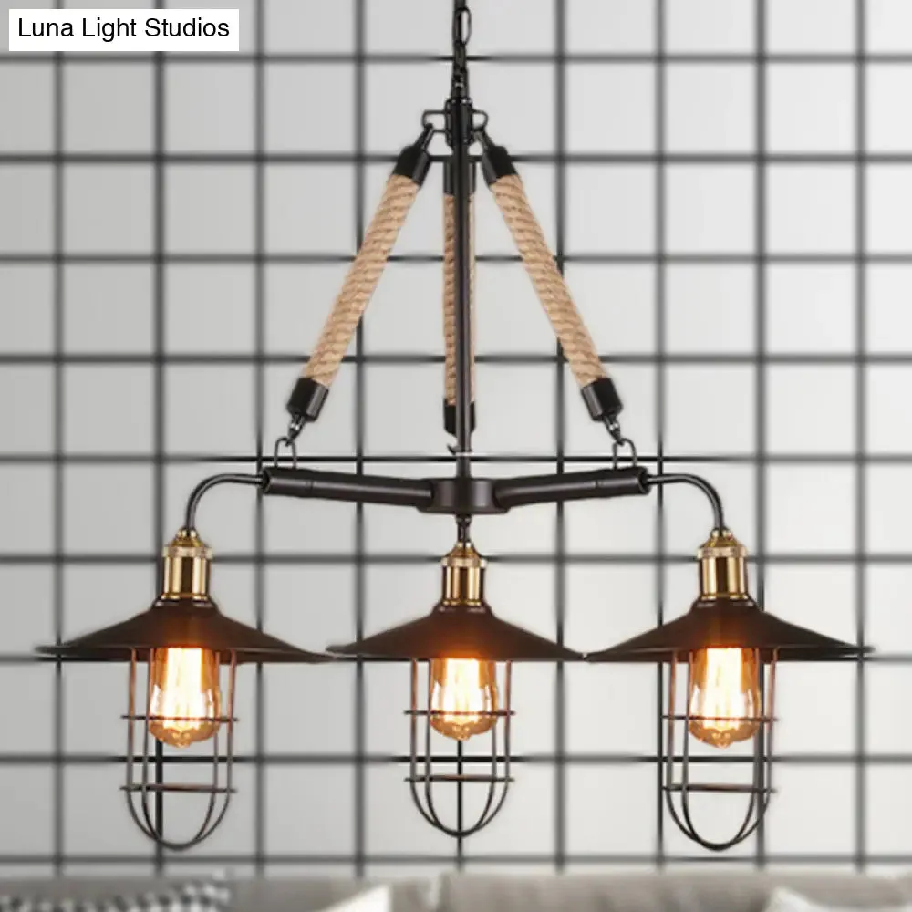 Nautical Flared Chandelier: 3-Head Metal Ceiling Light with Rope - Black Restaurant Fixture