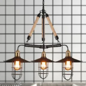 Nautical Flared Chandelier: 3-Head Metal Ceiling Light with Rope - Black Restaurant Fixture